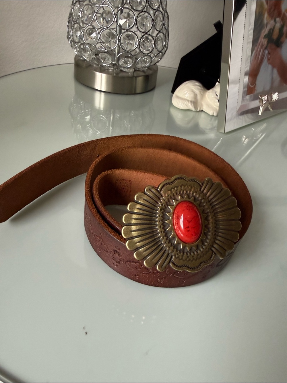 Lucky Brand Brown Leather Belt with Brass Floral Buckle and Red Stone